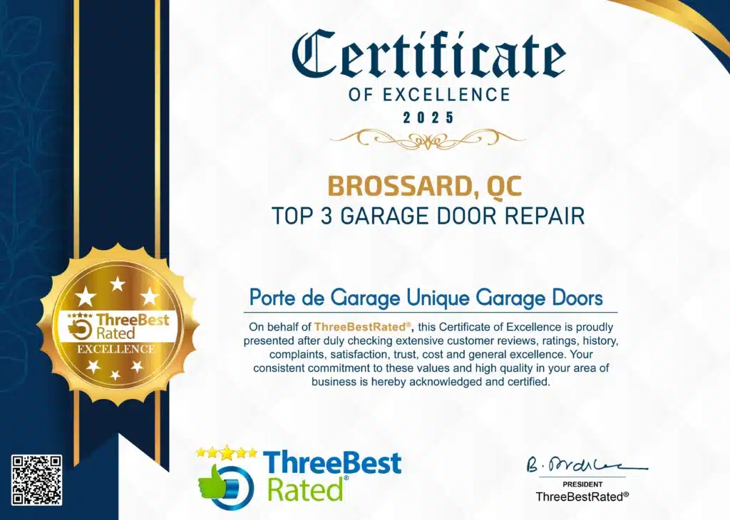Certificate of Excellence as Top 3 Best Rated Garage Door Repair Company in Brossard - Unique Garage Doors