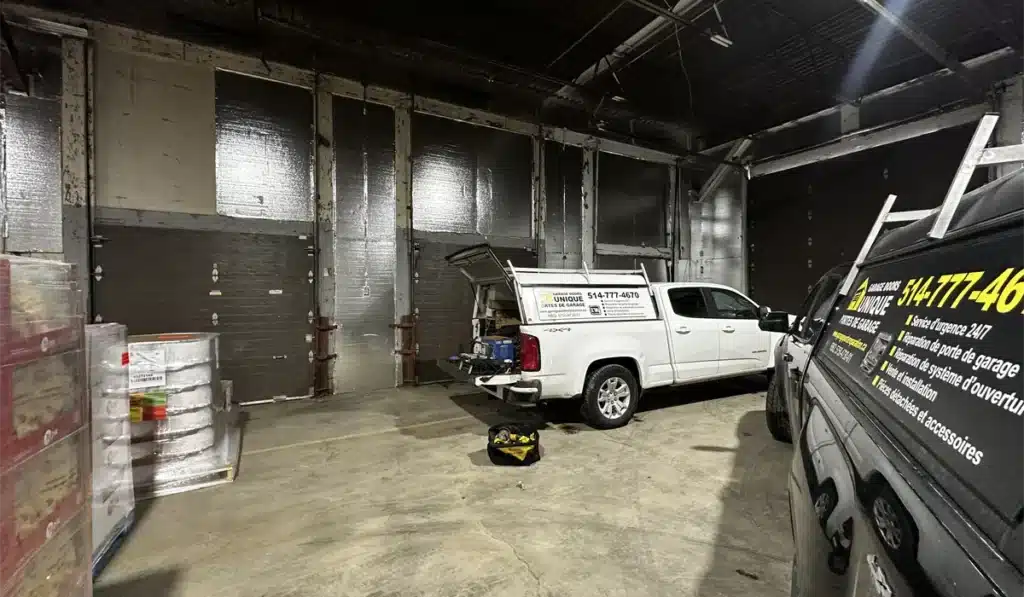 A technician from Unique Garage Door repairing a garage door at a commercial property in Montreal.
